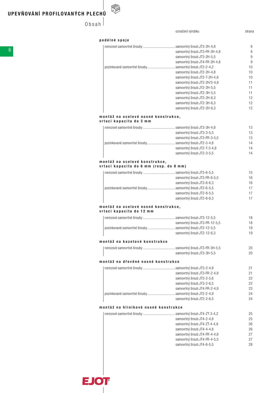 ..samovrtný šroub JT2-2-4,2 10 samovrtný šroub JT2-2H-4,8 10 samovrtný šroub JT2-T-2H-4,8 10 samovrtný šroub JT2-2H/3-4,8 11 samovrtný šroub JT2-2H-5,5 11 samovrtný šroub JT2-3H-5,5 11 samovrtný