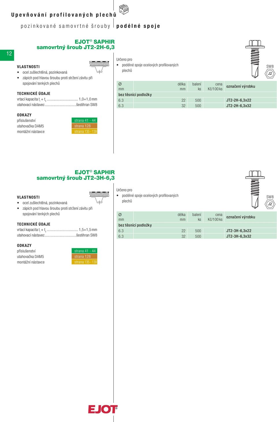 3 22 500 JT2-2H-6,3x22 6.3 32 500 JT2-2H-6,3x32 samovrtný šroub JT2-3H-6,3 spojování tenkých.