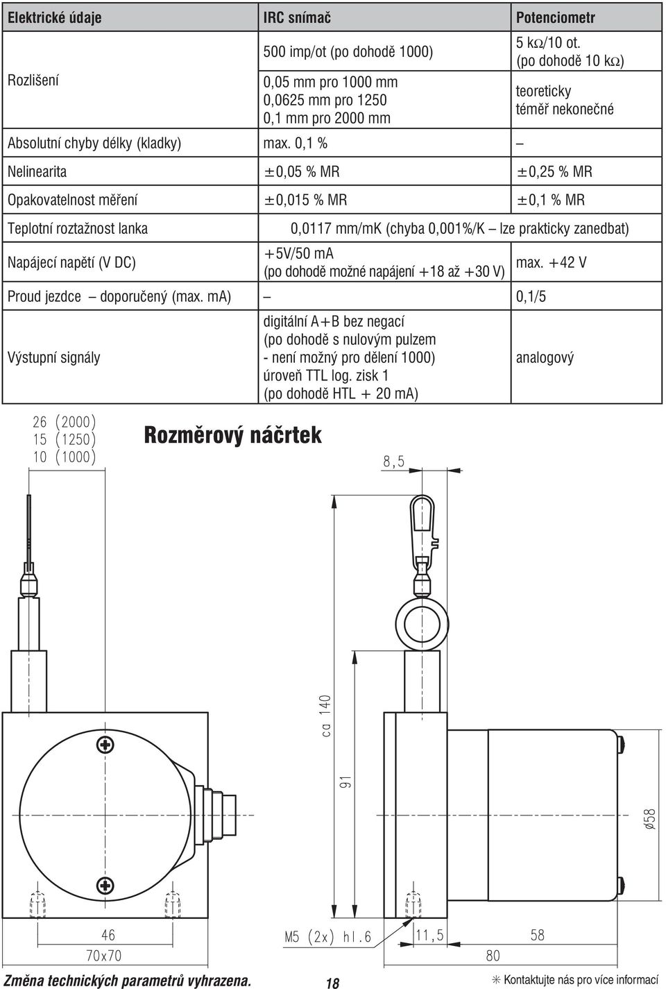 (po dohodě 10 kω) teoreticky téměř nekonečné Nelinearita ±0,05 % MR ±0,25 % MR Opakovatelnost měření ±0,015 % MR ±0,1 % MR Teplotní roztažnost lanka Napájecí napětí (V DC) 0,0117 mm/mk (chyba