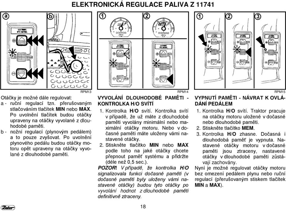 Po uvolnění plynového pedálu budou otáčky motoru opět upraveny na otáčky vyvolané z dlouhodobé paměti. RPM13 RPM14 RPM15 VYVOLÁNÍ DLOUHODOBÉ PAMĚTI - KONTROLKA H/O SVÍTÍ 1. Kontrolka H/O svítí.