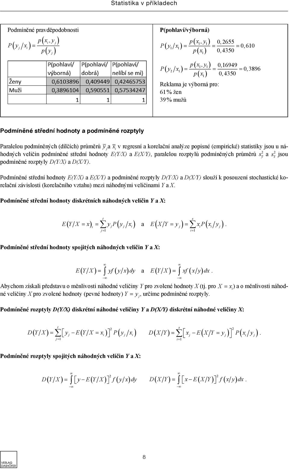 jsou u náhodných veličin podmíněné střední hodnoty E(Y/X) a E(X/Y), paralelou rozptylů podmíněných průměrů s y a s jsou podmíněné rozptyly D(Y/X) a D(X/Y).