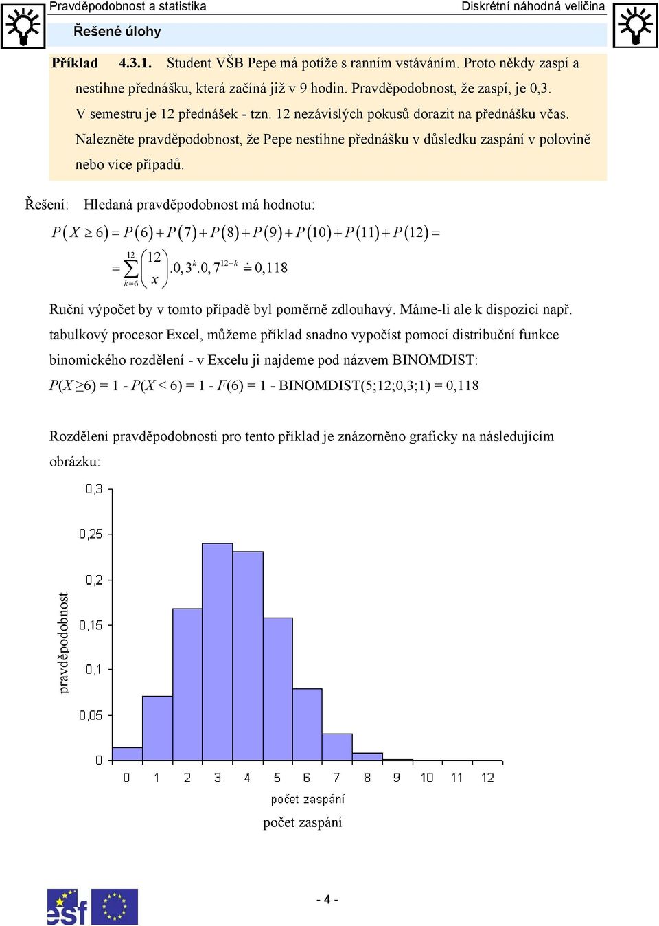 Řešení: Hledaná pravděpodobnost má hodnotu: ( 6) ( 6) ( 7) ( 8) ( 9) ( 0) ( ) ( 2) P X = P + P + P + P + P + P + P = 2 = k = 6 x 2.0,3 k.