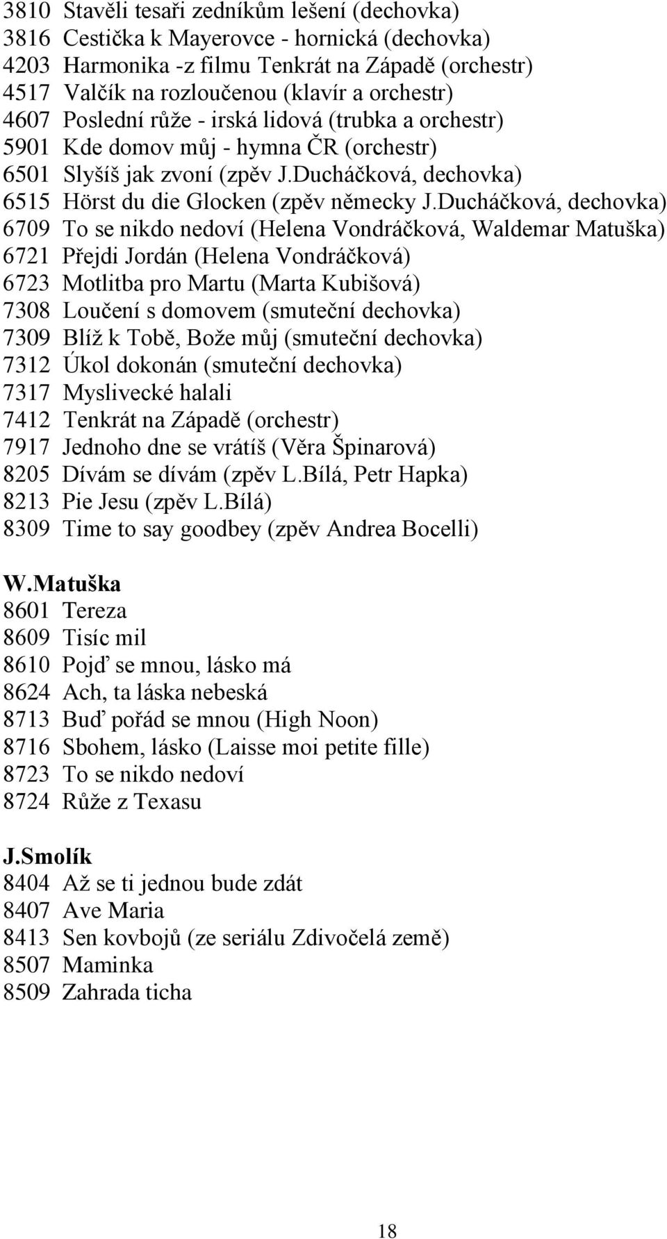 Ducháčková, dechovka) 6709 To se nikdo nedoví (Helena Vondráčková, Waldemar Matuška) 6721 Přejdi Jordán (Helena Vondráčková) 6723 Motlitba pro Martu (Marta Kubišová) 7308 Loučení s domovem (smuteční