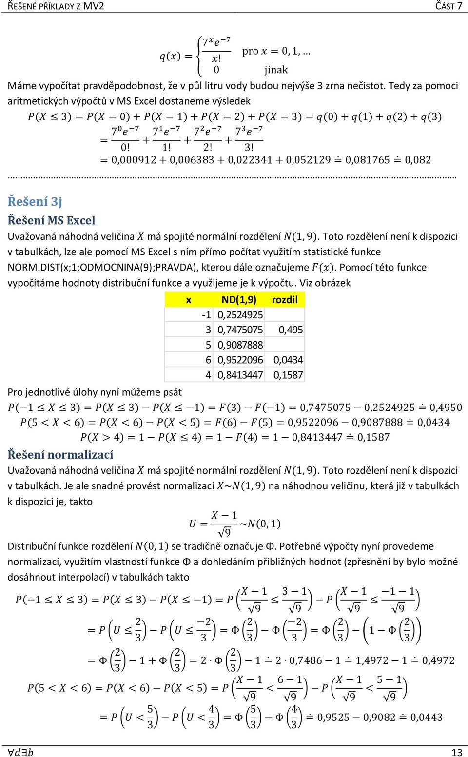 = P(X = 0) + P(X = 1) + P(X = ) + P(X = 3) = q(0) + q(1) + q() + q(3) = 70 e 7 + 71 e 7 + 7 e 7 + 73 e 7 0! 1!! 3! = 0,00091 + 0,006383 + 0,031 + 0,0519 = 0,081765 = 0,08 Řešení 3j Řešení MS Excel Uvažovaná náhodná veličina X má spojité normální rozdělení N(1, 9).