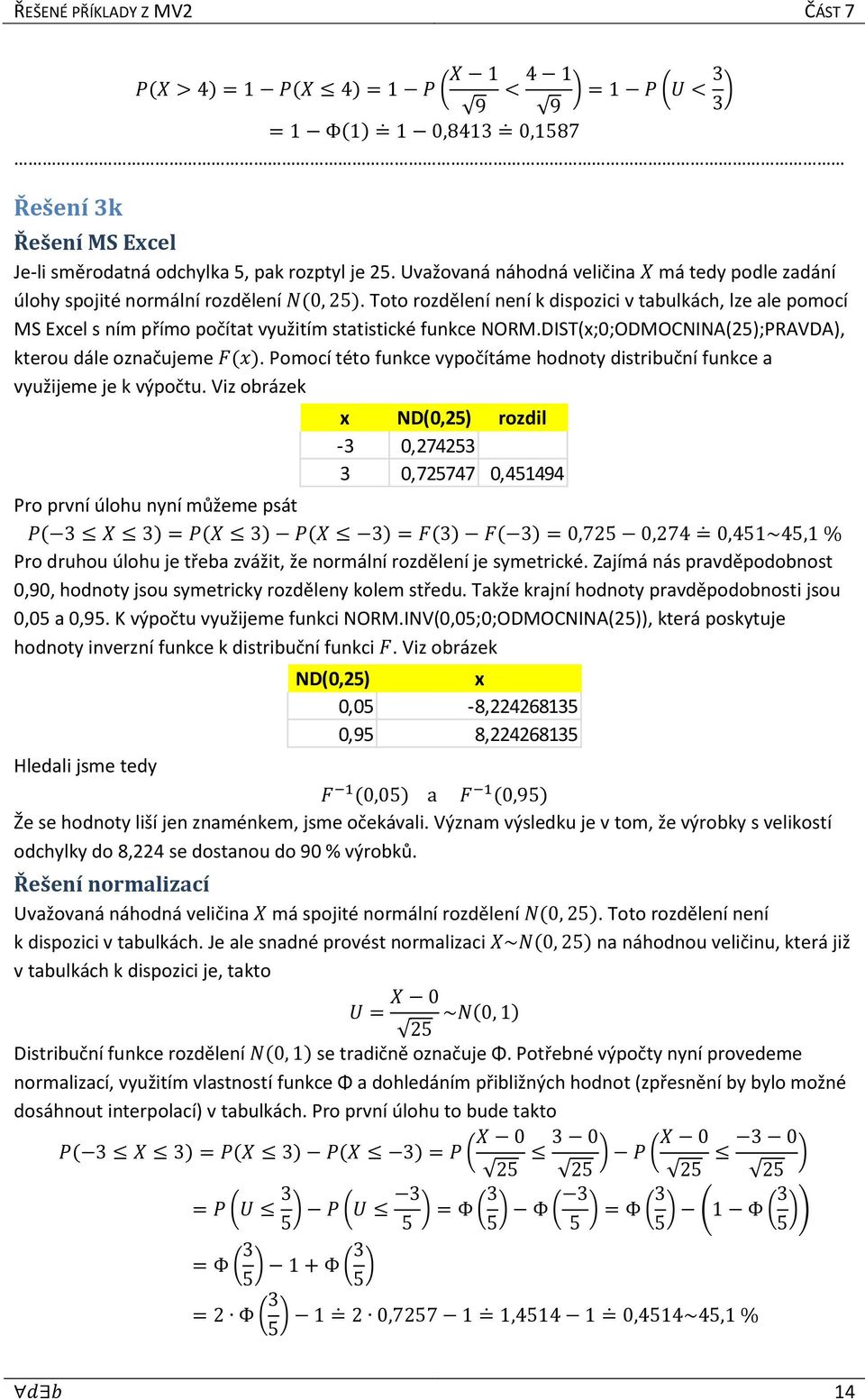 Toto rozdělení není k dispozici v tabulkách, lze ale pomocí MS Excel s ním přímo počítat využitím statistické funkce NORM.DIST(x;0;ODMOCNINA(5);PRAVDA), kterou dále označujeme F(x).