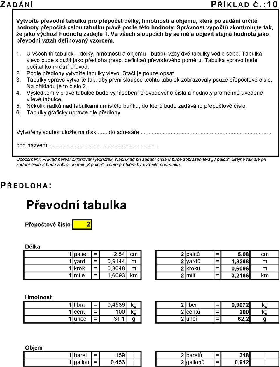Tabulka vlevo bude sloužit jako předloha (resp. definice) převodového poměru. Tabulka vpravo bude počítat konkrétní převod. 2. Podle předlohy vytvořte tabulky vlevo. Stačí je pouze opsat. 3.