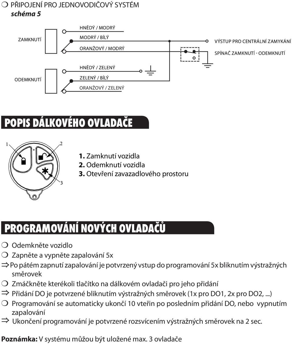 bliknutím výstražných směrovek Zmáčkněte kterékoli tlačítko na dálkovém ovladači pro jeho přidání Přidání DO je potvrzené bliknutím výstražných směrovek (1x pro DO1, 2x pro DO2,.