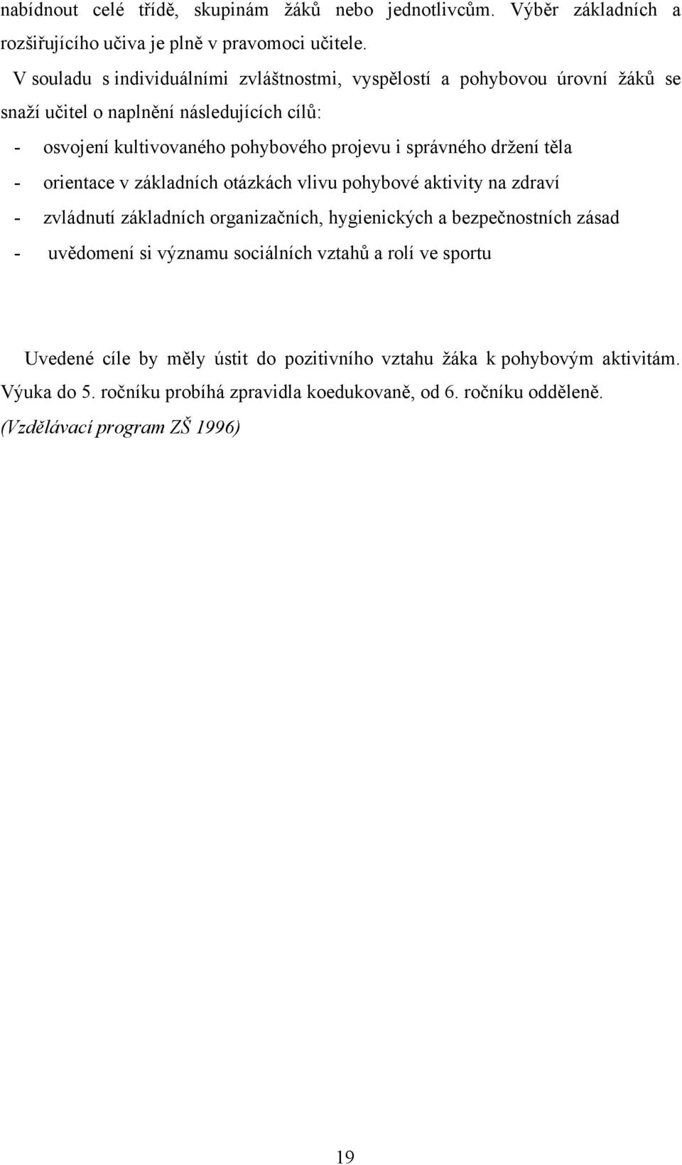 správného držení těla - orientace v základních otázkách vlivu pohybové aktivity na zdraví - zvládnutí základních organizačních, hygienických a bezpečnostních zásad -