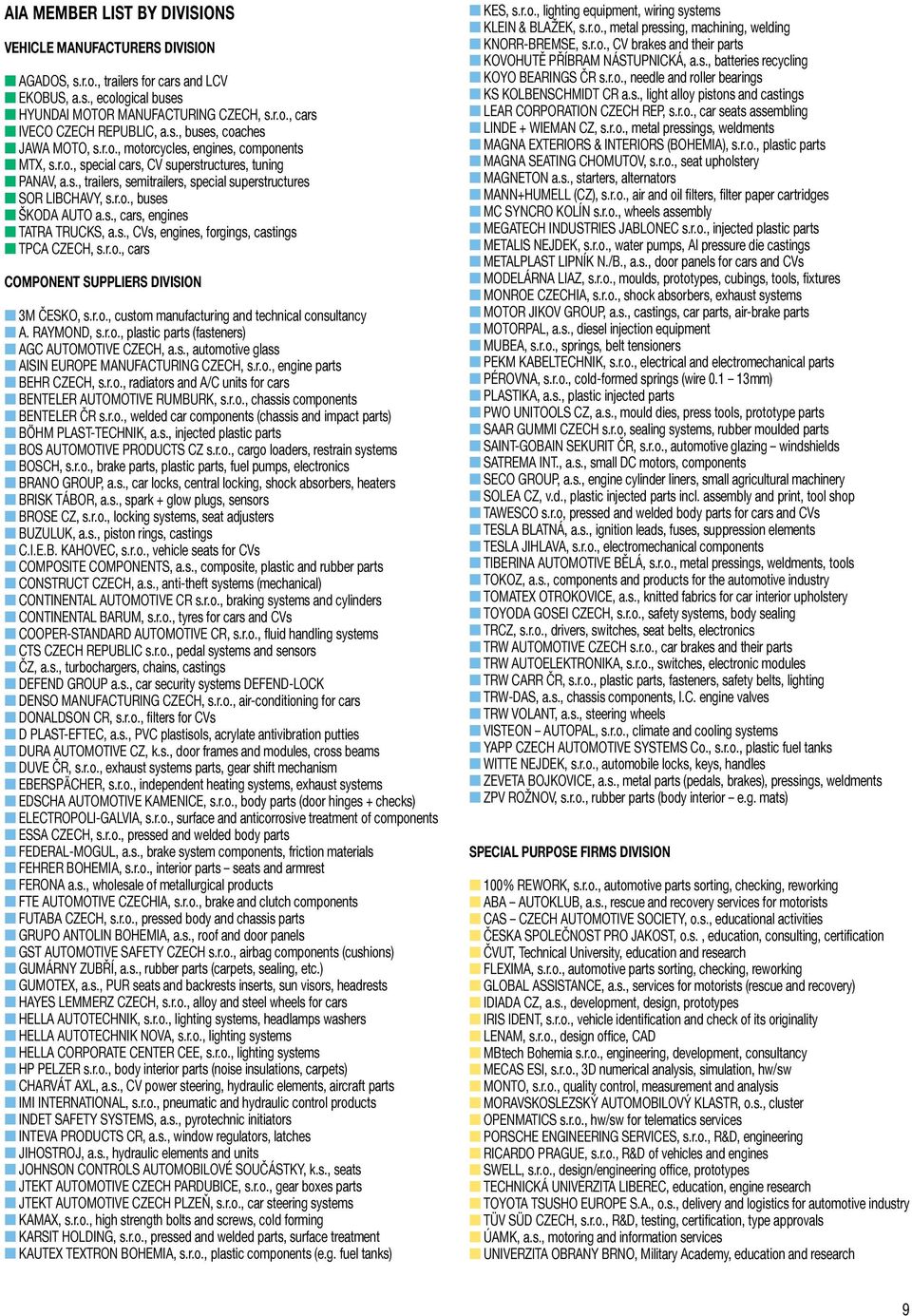 r.o., buses ŠKODA AUTO a.s., cars, engines TATRA TRUCKS, a.s., CVs, engines, forgings, castings TPCA CZECH, s.r.o., cars COMPONENT SUPPLIERS DIVISION 3M ČESKO, s.r.o., custom manufacturing and technical consultancy A.