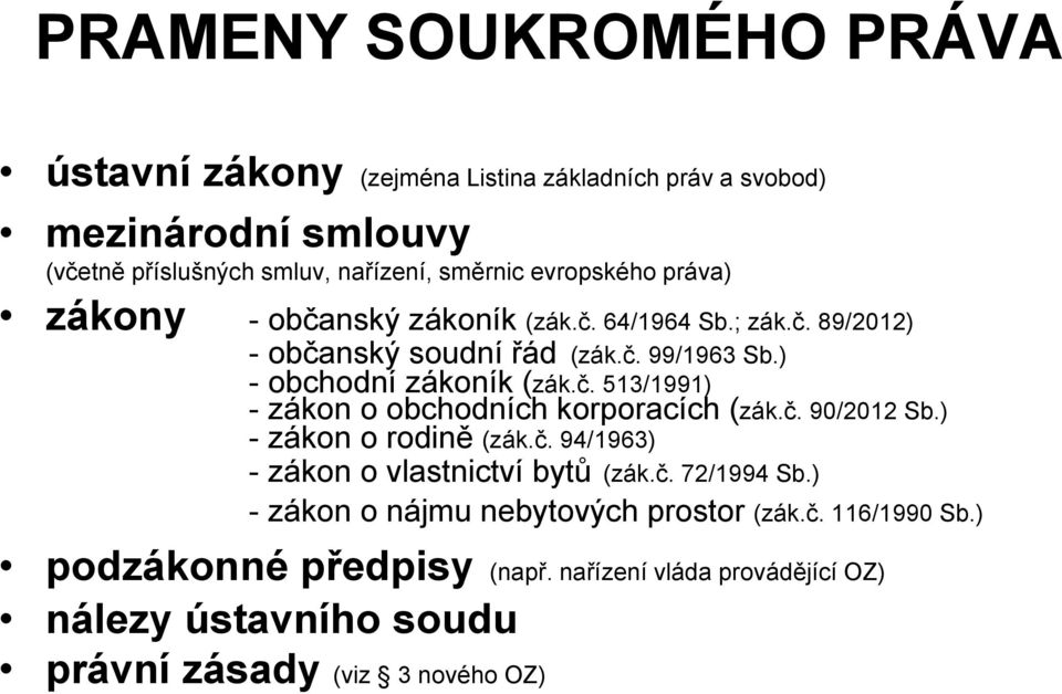 č. 90/2012 Sb.) - zákon o rodině (zák.č. 94/1963) - zákon o vlastnictví bytů (zák.č. 72/1994 Sb.) - zákon o nájmu nebytových prostor (zák.č. 116/1990 Sb.