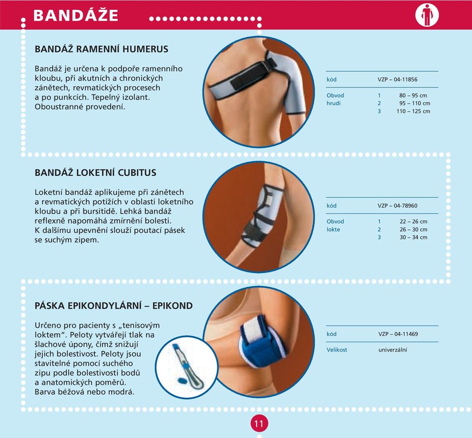 Lehká bandáž reflexně napomáhá zmírnění bolesti. K dalšímu upevnění slouží poutací pásek se suchým zipem.