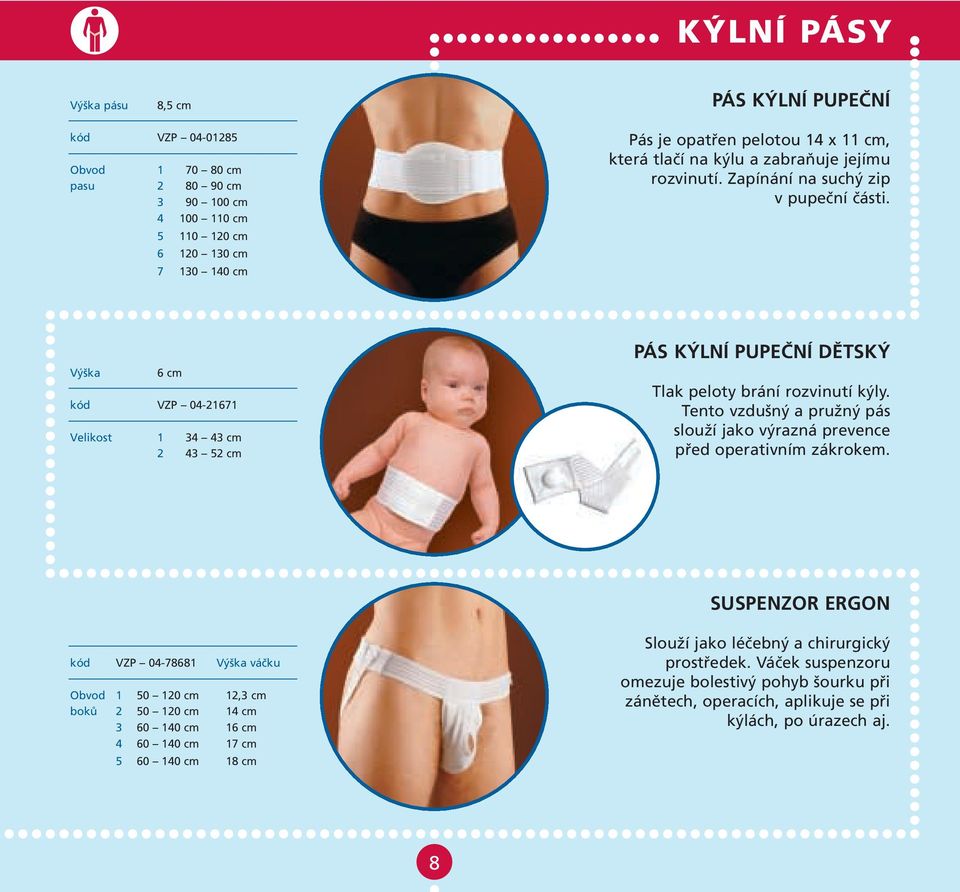 Výška 6 cm kód VZP 04-21671 Velikost 1 34 43 cm 2 43 52 cm PÁS KÝLNÍ PUPEČNÍ DĚTSKÝ Tlak peloty brání rozvinutí kýly.