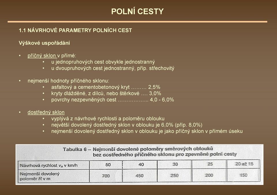 střechovitý nejmenší hodnoty příčného sklonu: asfaltový a cementobetonový kryt 2,5% kryty dlážděné, z dílců, nebo štěrkové.