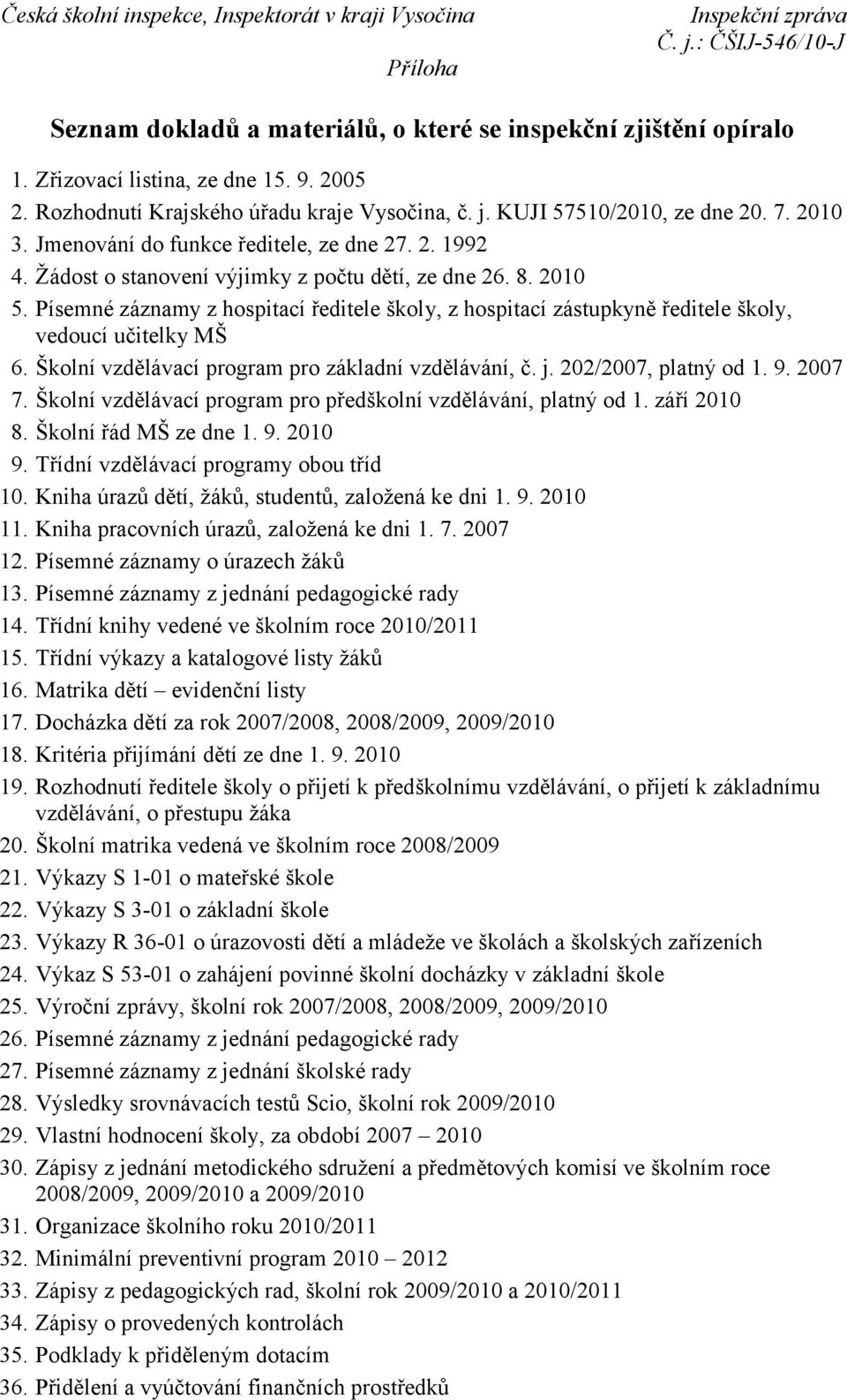Písemné záznamy z hospitací ředitele školy, z hospitací zástupkyně ředitele školy, vedoucí učitelky MŠ 6. Školní vzdělávací program pro základní vzdělávání, č. j. 202/2007, platný od 1. 9. 2007 7.