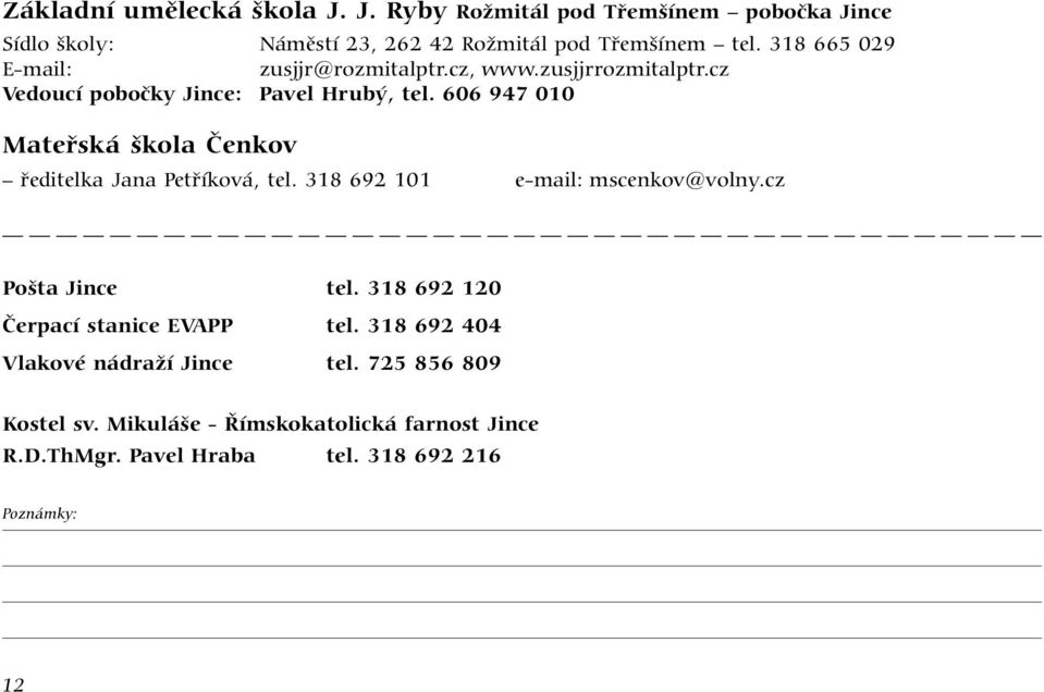 606 947 010 Mateřská škola Čenkov ředitelka Jana Petříková, tel. 318 692 101 e-mail: mscenkov@volny.cz Pošta Jince tel.