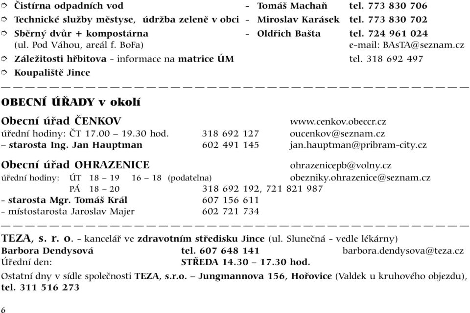 obeccr.cz úřední hodiny: ČT 17.00 19.30 hod. 318 692 127 oucenkov@seznam.cz starosta Ing. Jan Hauptman 602 491 145 jan.hauptman@pribram-city.cz Obecní úřad OHRAZENICE ohrazenicepb@volny.
