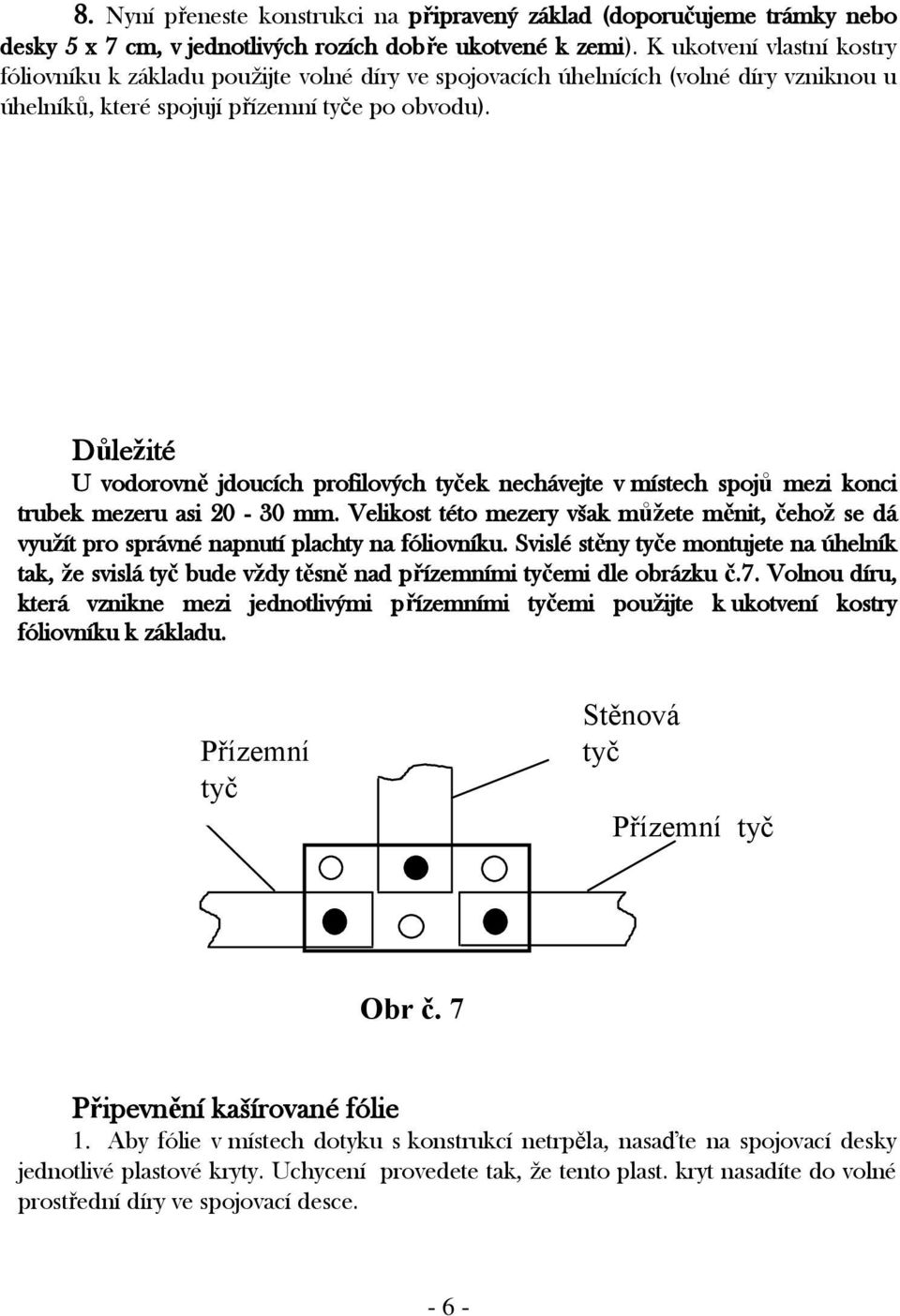 Důležité U vodorovně jdoucích profilových tyček nechávejte v místech spojů mezi konci trubek mezeru asi 20-30 mm.