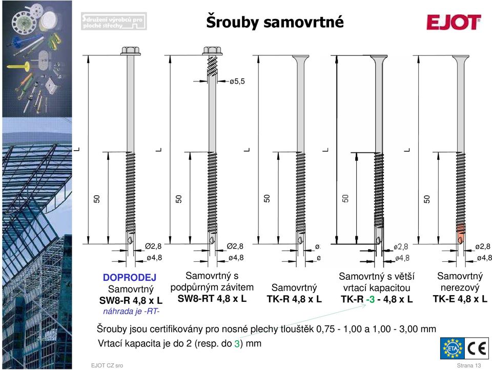 Samovrtný s větší vrtací kapacitou TK-R -3-4,8 x L Samovrtný nerezový TK-E 4,8 x L Šrouby jsou