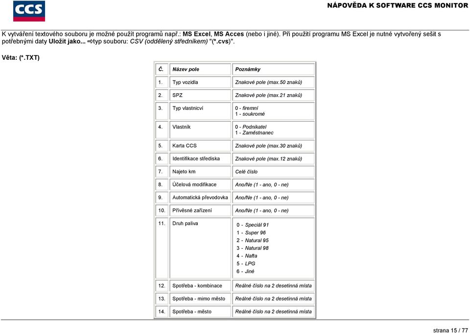 Typ vlastnicví 0 - firemní 1 - soukromé 4. Vlastník 0 - Podnikatel 1 - Zaměstnanec 5. Karta CCS Znakové pole (max.30 znaků) 6. Identifikace střediska Znakové pole (max.12 znaků) 7.