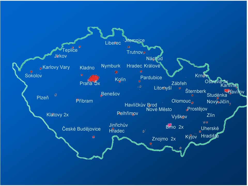 Příbram Olomouc Nový Jičín Havlíčkův Brod Prostějov Nové Město Pelhřimov Zlín Vyškov Kolín