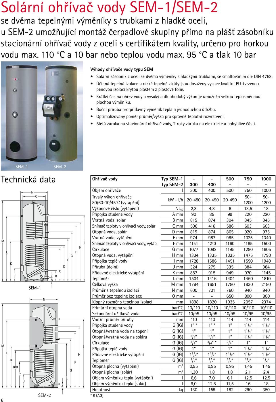 95 C a tlak 10 bar Výhody ohřívače vody typu SEM Solární zásobník z oceli se dvěma výměníky s hladkými trubkami, se smaltováním dle DIN 4753.
