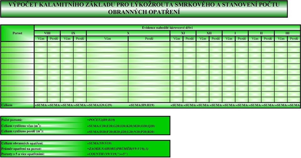 =SUMA(L9:L19) =SUMA(M9:M19) =SUMA(N9:N19) =SUMA(O9:O19) =SUMA(P9:P19) =SUMA(Q9:Q19) =SUMA(R9:R19) Počet porostů: vytěženo včas (m 3 ): vytěženo pozdě (m 3 ): =POČET2(B9:B19)