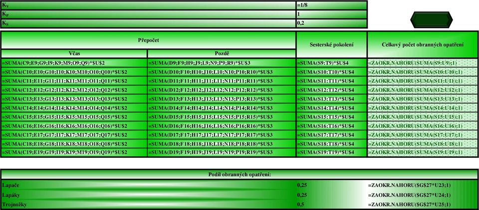 NAHORU(SUMA(S10:U10);1) =SUMA(C11;E11;G11;I11;K11;M11;O11;Q11)*$U$2 =SUMA(D11;F11;H11;J11;L11;N11;P11;R11)*$U$3 =SUMA(S11:T11)*$U$4 =ZAOKR.