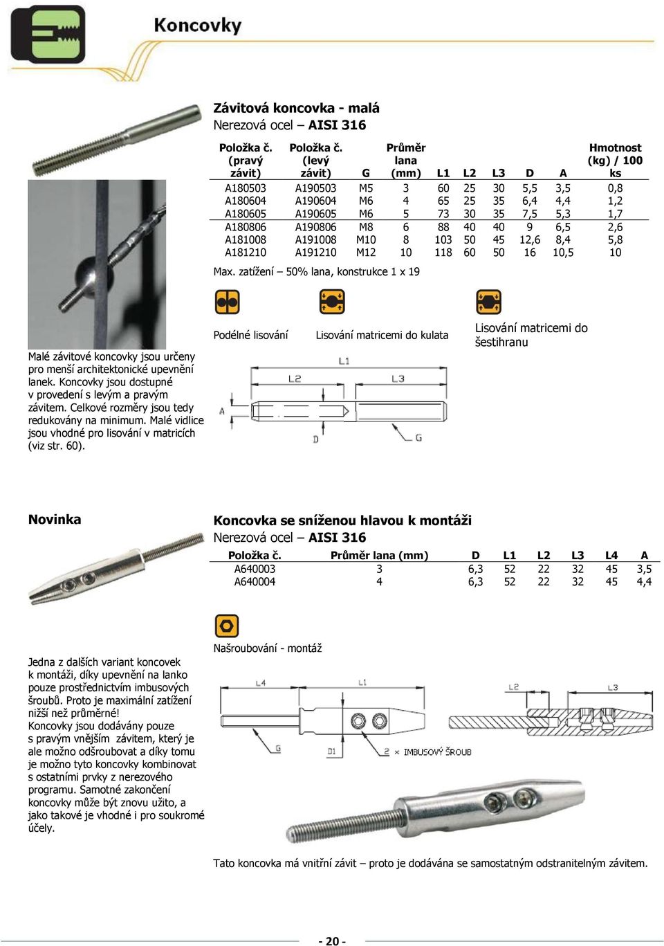 40 9 6,5 2,6 A181008 A191008 M10 8 103 50 45 12,6 8,4 5,8 A181210 A191210 M12 10 118 60 50 16 10,5 10 zatížení 50% lana, konstrukce 1 x 19 Malé závitové koncovky jsou určeny pro menší architektonické