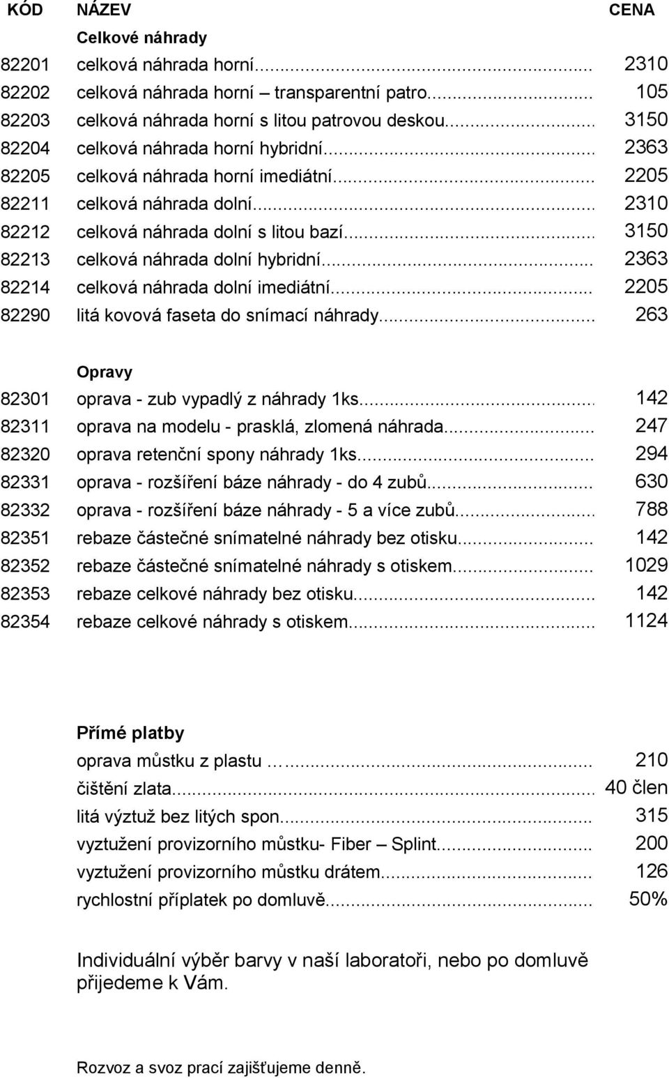 .. 3150 82213 celková náhrada dolní hybridní... 2363 82214 celková náhrada dolní imediátní... 2205 82290 litá kovová faseta do snímací náhrady... 263 Opravy 82301 oprava - zub vypadlý z náhrady 1ks.