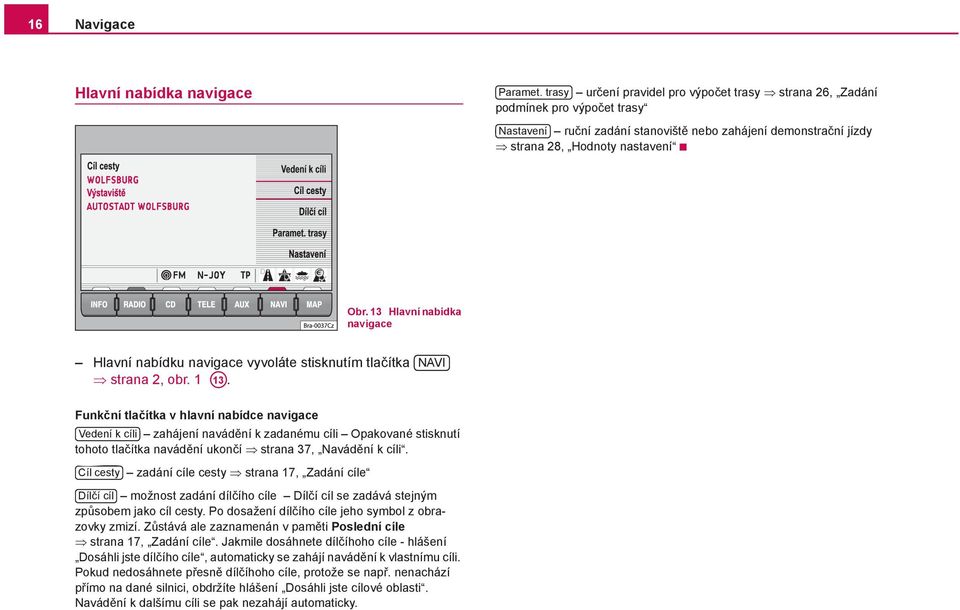 13 Hlavní nabídka navigace Hlavní nabídku navigace vyvoláte stisknutím tlačítka strana 2, obr. 1 A13.