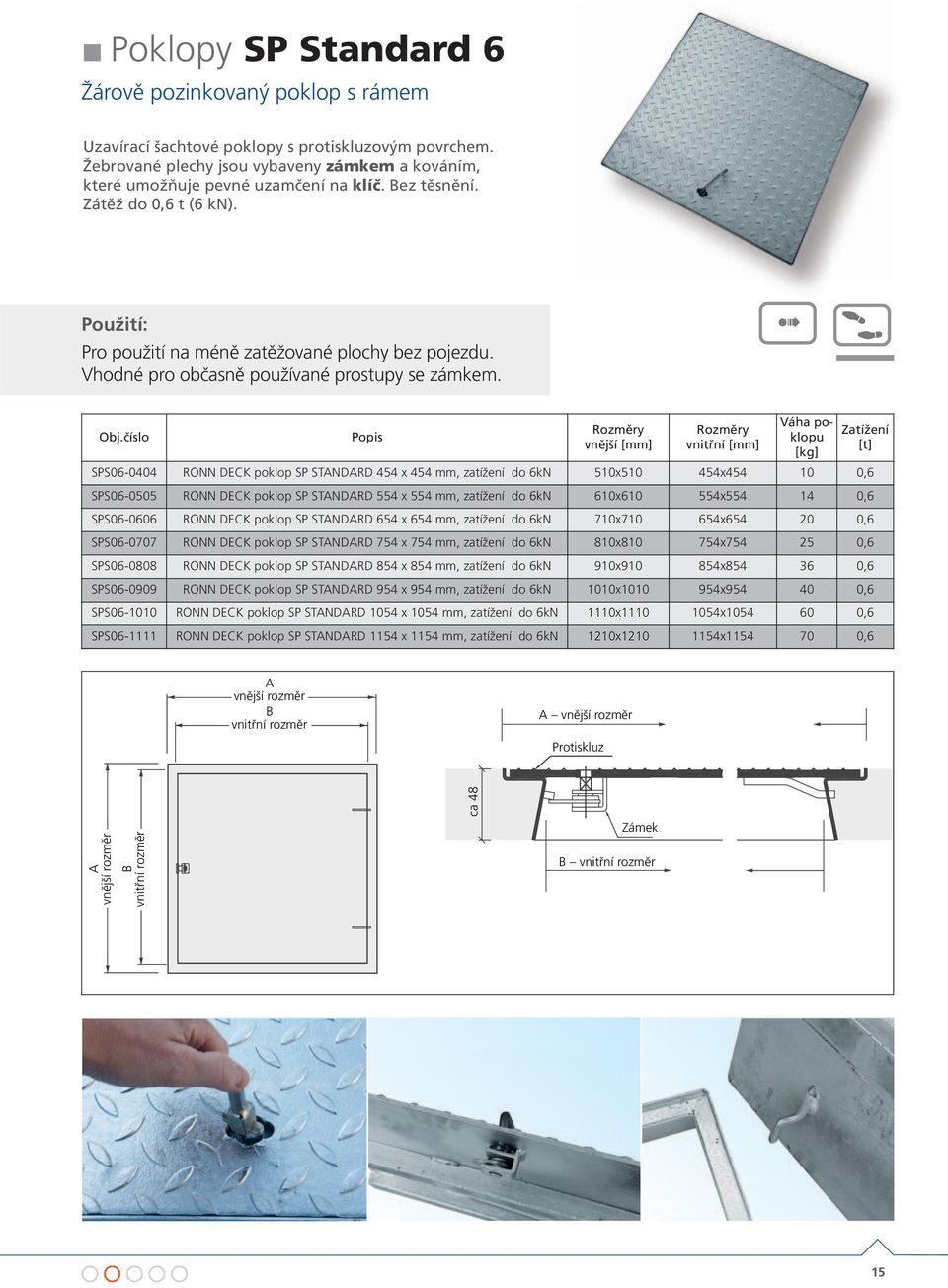 vnější [mm] vnitřní [mm] poklopu [kg] SPS06-0404 RONN DECK poklop SP STNDRD 454 x 454 mm, zatížení do 6kN 510x510 454x454 10 0,6 SPS06-0505 RONN DECK poklop SP STNDRD 554 x 554 mm, zatížení do 6kN