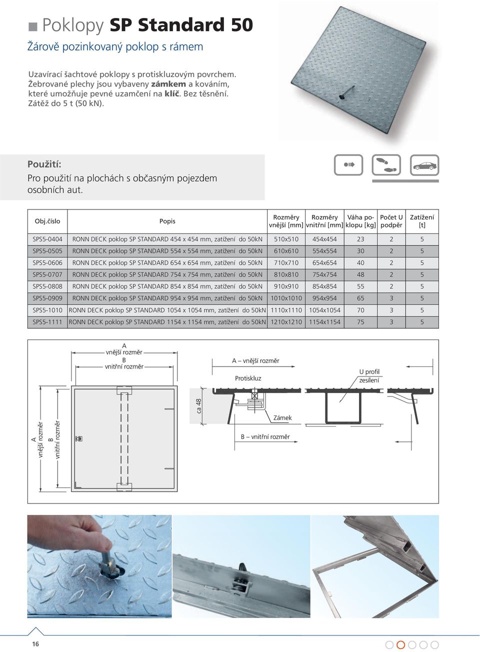 vnější [mm] vnitřní [mm] poklopu [kg] Počet U podpěr SPS5-0404 RONN DECK poklop SP STNDRD 454 x 454 mm, zatížení do 50kN 510x510 454x454 23 2 5 SPS5-0505 RONN DECK poklop SP STNDRD 554 x 554 mm,