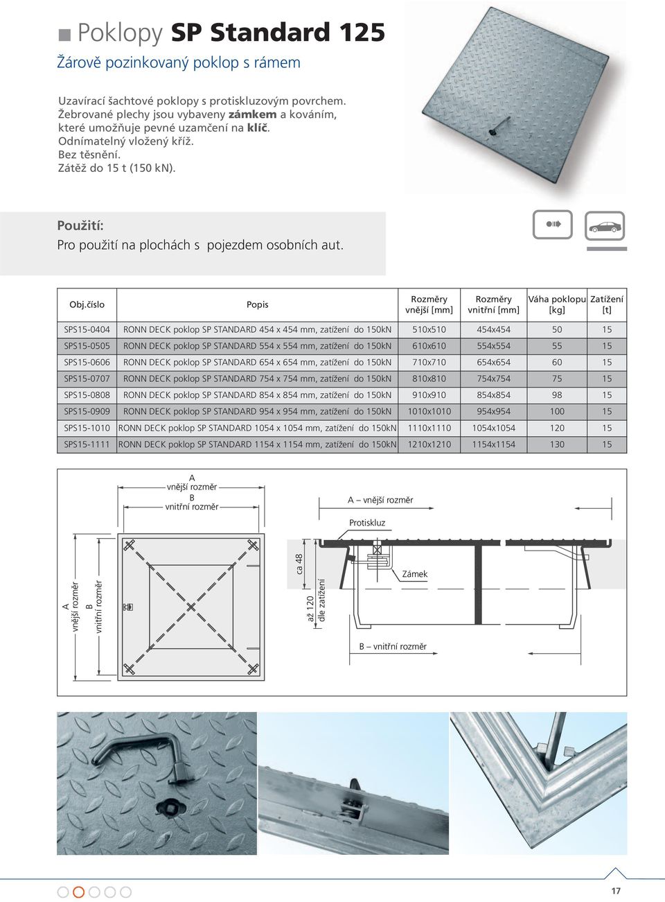 vnější [mm] vnitřní [mm] poklopu [kg] SPS15-0404 RONN DECK poklop SP STNDRD 454 x 454 mm, zatížení do 150kN 510x510 454x454 50 15 SPS15-0505 RONN DECK poklop SP STNDRD 554 x 554 mm, zatížení do 150kN