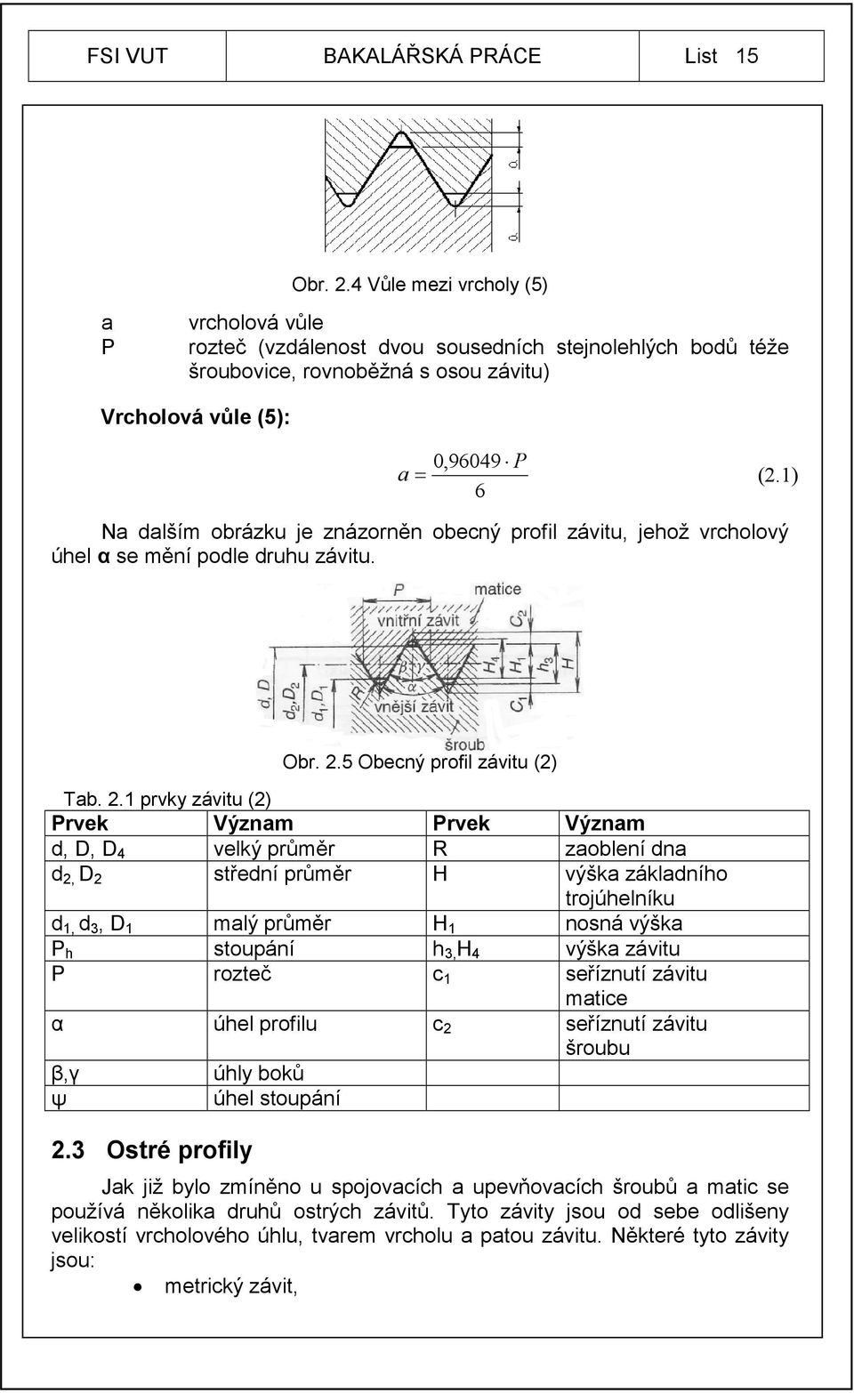 1) 6 Na dalším obrázku je znázorněn obecný profil závitu, jehož vrcholový úhel α se mění podle druhu závitu. Obr. 2.