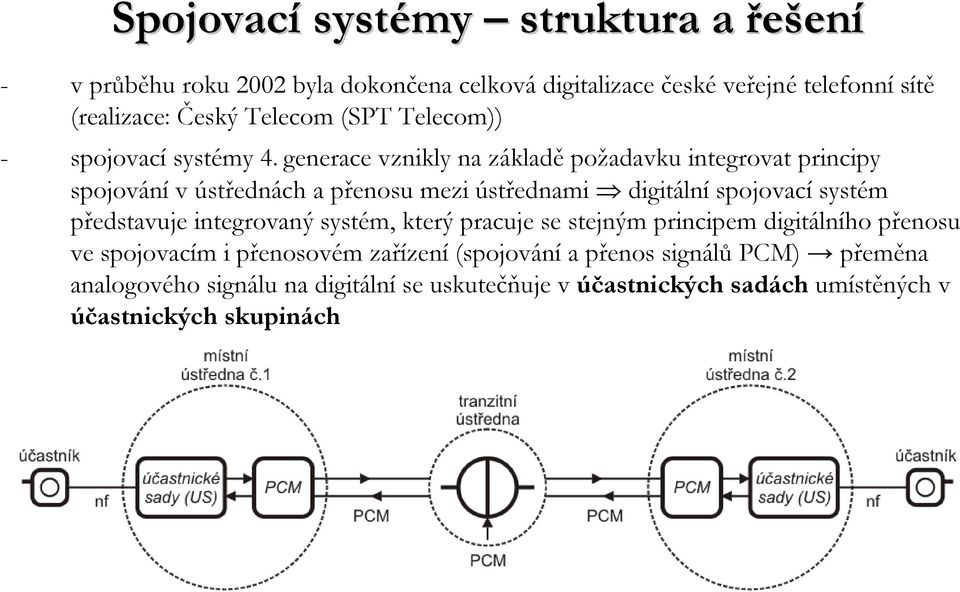 generace vznikly na základě požadavku integrovat principy spojování v ústřednách a přenosu mezi ústřednami digitální spojovací systém