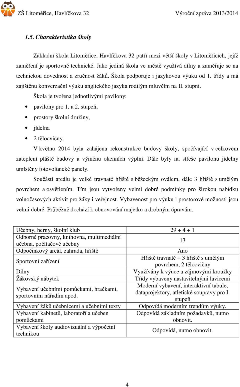 třídy a má zajištěnu konverzační výuku anglického jazyka rodilým mluvčím na II. stupni. Škola je tvořena jednotlivými pavilony: pavilony pro 1. a 2.