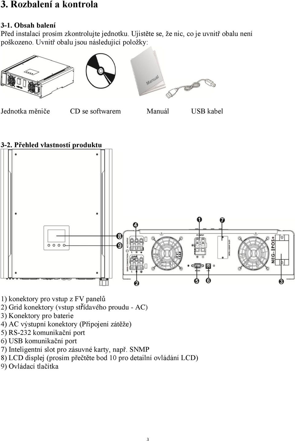 Přehled vlastností produktu 1) konektory pro vstup z FV panelů 2) Grid konektory (vstup střídavého proudu - AC) 3) Konektory pro baterie 4) AC výstupní