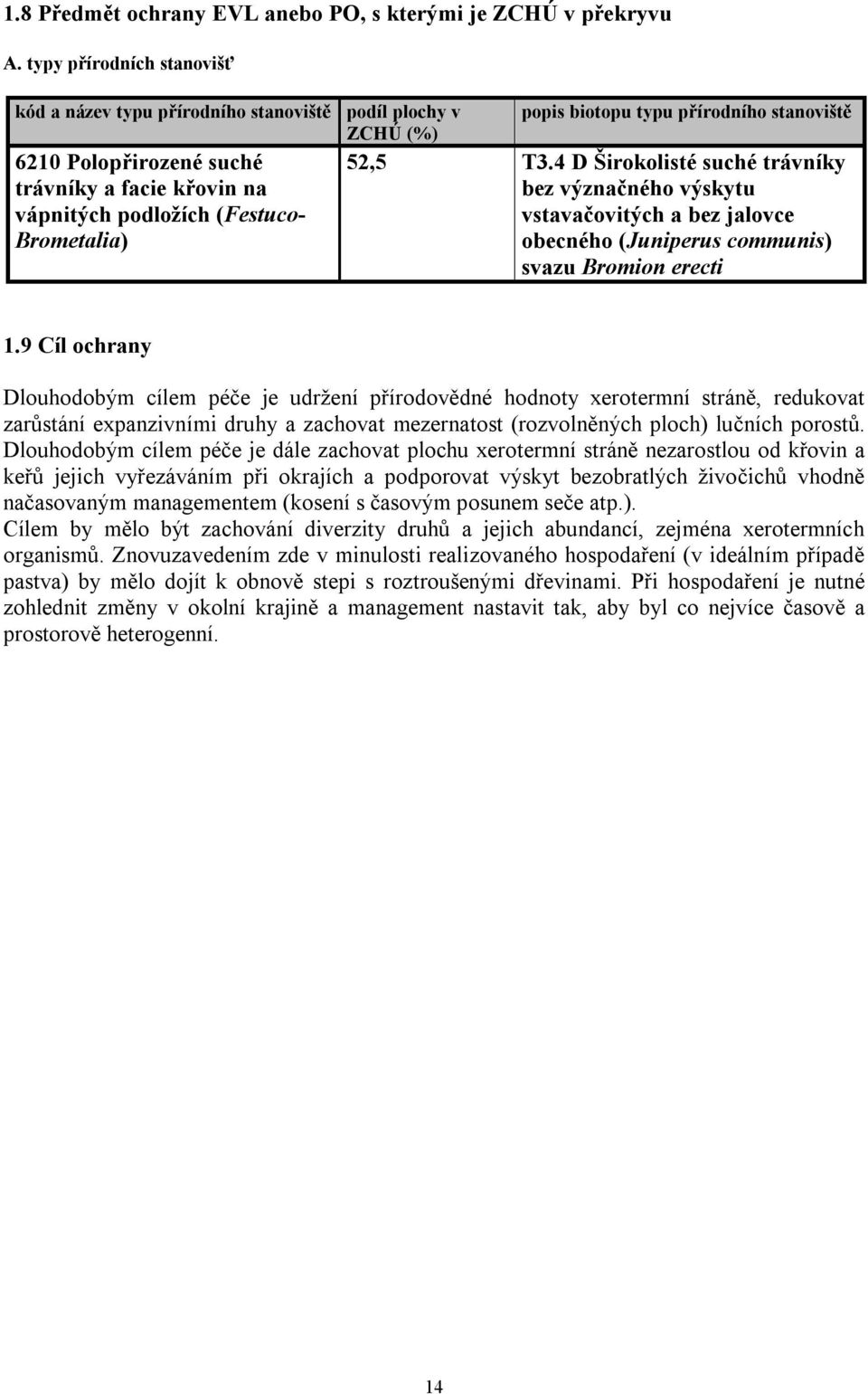 typu přírodního stanoviště 52,5 T3.4 D Širokolisté suché trávníky bez význačného výskytu vstavačovitých a bez jalovce obecného (Juniperus communis) svazu Bromion erecti 1.