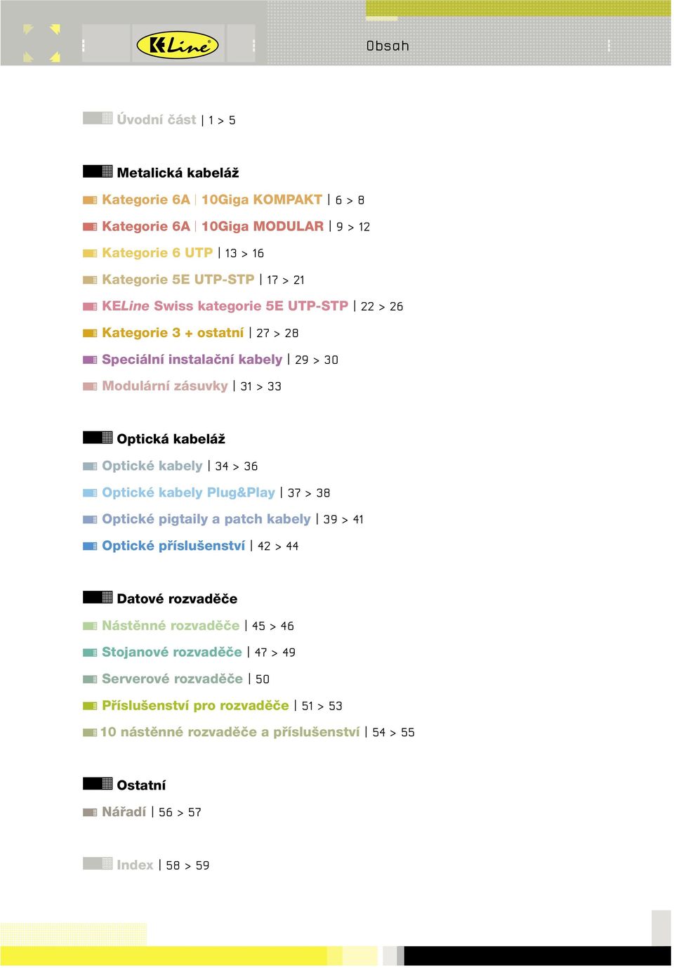 kabely 34 > 36 Optické kabely Plug&Play 37 > 38 Optické pigtaily a patch kabely 39 > 41 Optické příslušenství 42 > 44 Datové rozvaděče Nástěnné rozvaděče 45 > 46