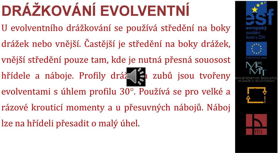 hřídele a náboje. Profily drážek a zubů jsou tvořeny evolventami s úhlem profilu 30.