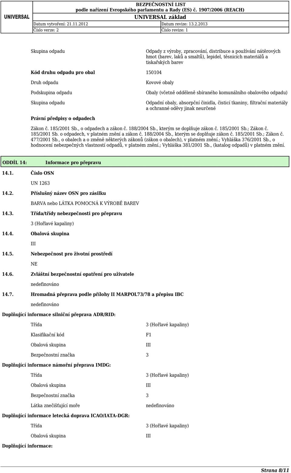 oděvy jinak neurčené Právní předpisy o odpadech Zákon č. 185/2001 Sb., o odpadech a zákon č. 188/2004 Sb., kterým se doplňuje zákon č. 185/2001 Sb.; Zákon č. 185/2001 Sb. o odpadech, v platném znění a zákon č.