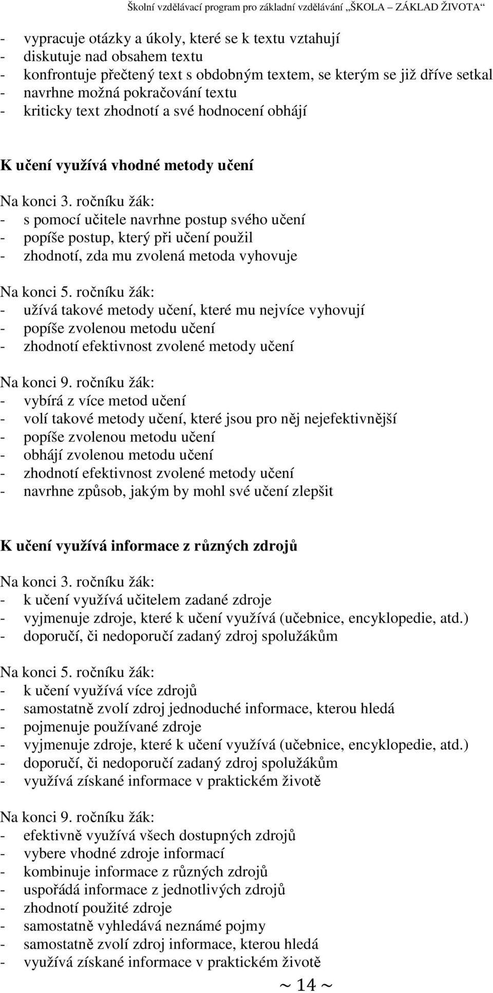 ročníku žák: - s pomocí učitele navrhne postup svého učení - popíše postup, který při učení použil - zhodnotí, zda mu zvolená metoda vyhovuje Na konci 5.