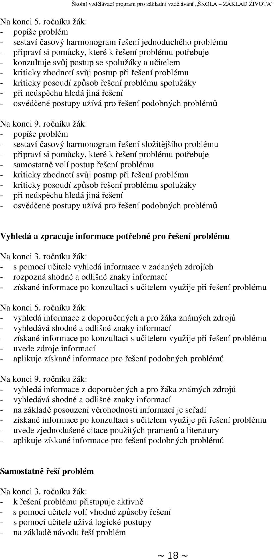 kriticky zhodnotí svůj postup při řešení problému - kriticky posoudí způsob řešení problému spolužáky - při neúspěchu hledá jiná řešení - osvědčené postupy užívá pro řešení podobných problémů Na