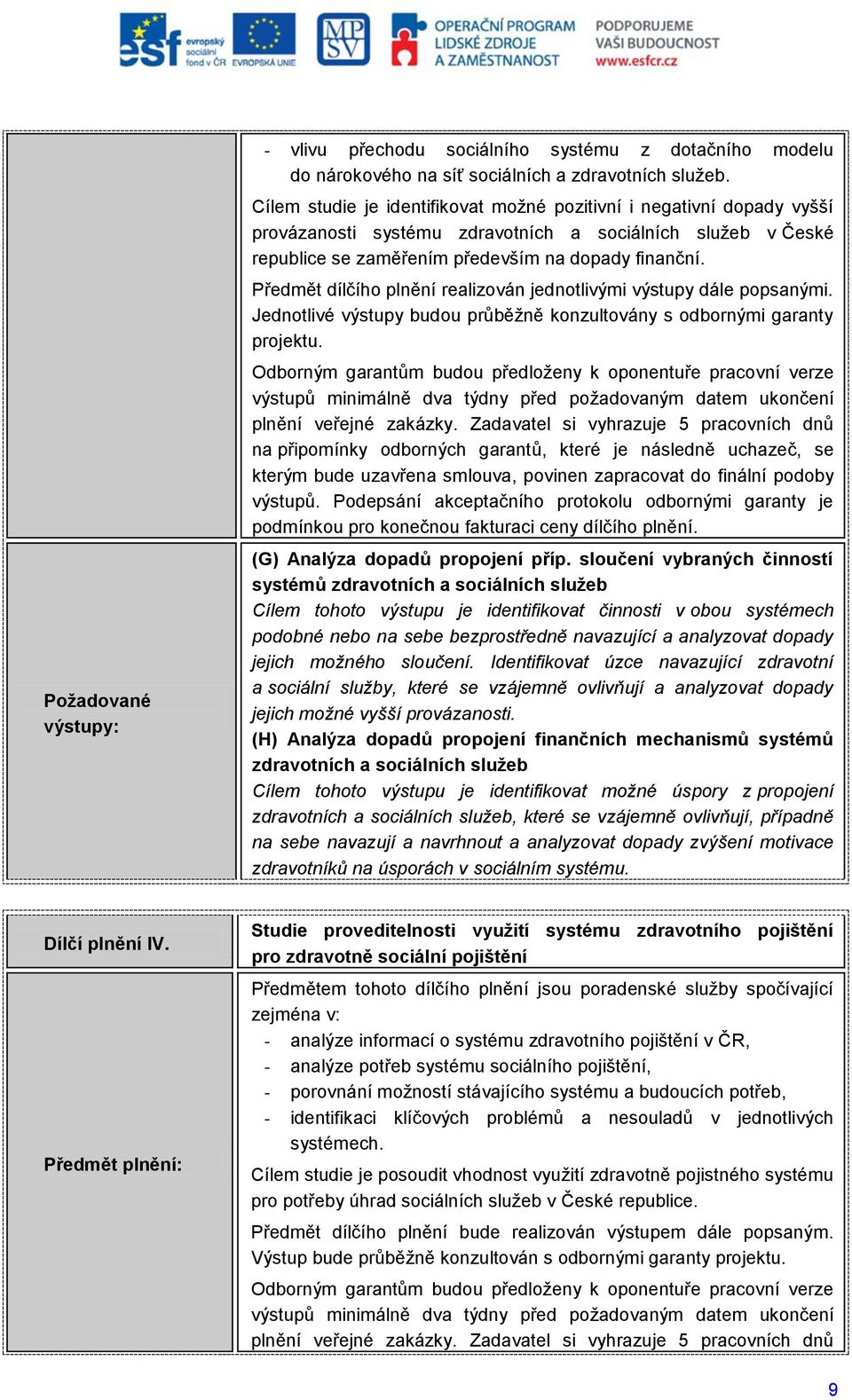 Předmět dílčího plnění realizován jednotlivými výstupy dále popsanými. Jednotlivé výstupy budou průběžně konzultovány s odbornými garanty projektu.