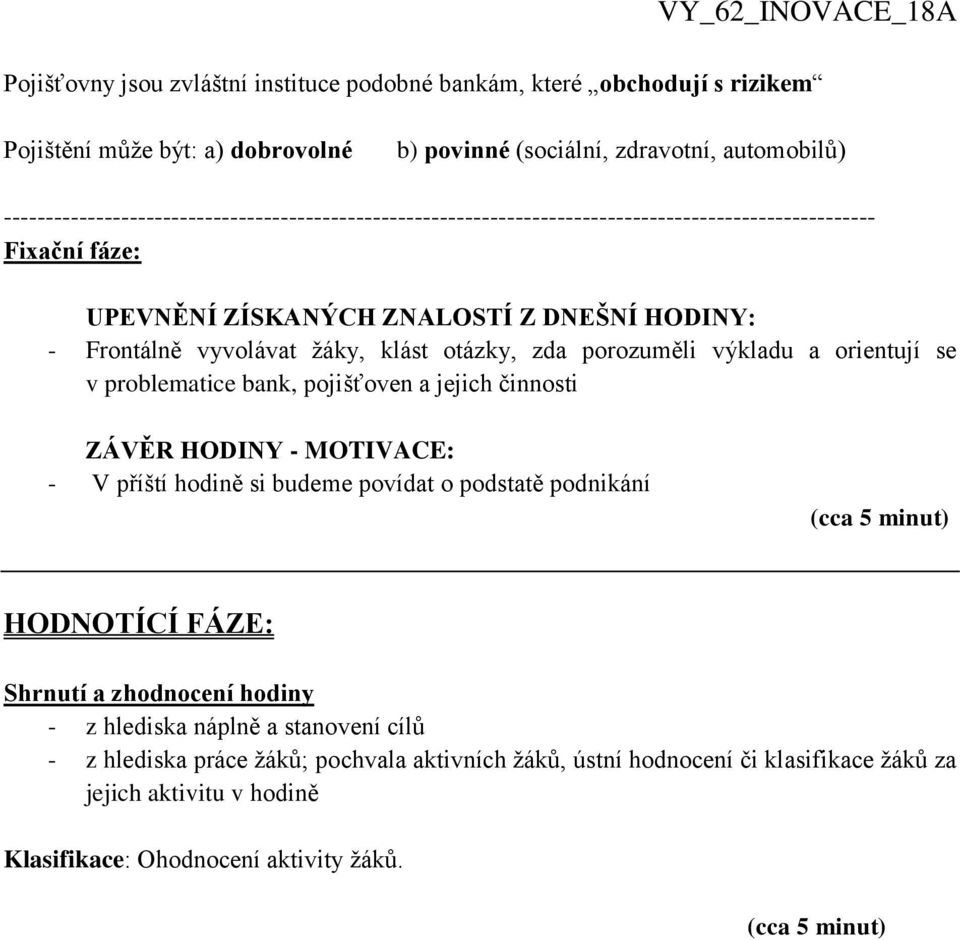 MOTIVACE: - V příští hodině si budeme povídat o podstatě podnikání (cca 5 minut) HODNOTÍCÍ FÁZE: Shrnutí a zhodnocení hodiny - z hlediska náplně a stanovení