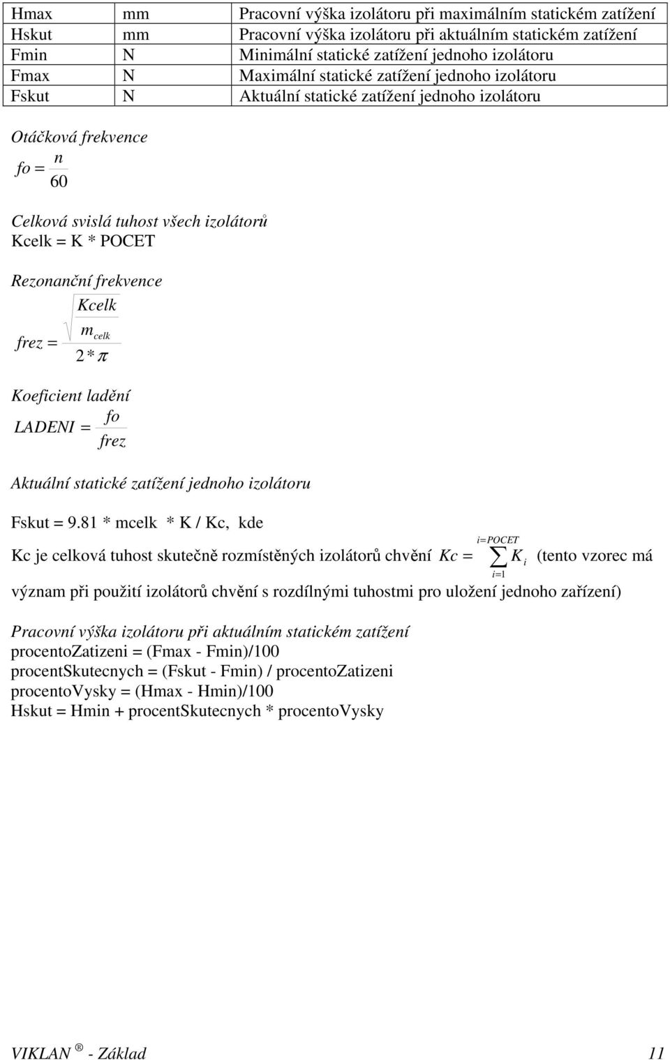 frekvence Kcelk frez = m celk 2 *π Koeficient ladění fo LADENI = frez Aktuální statické zatížení jednoho izolátoru Fskut = 9.