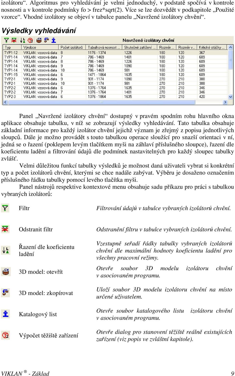 Výsledky vyhledávání Panel Navržené izolátory chvění dostupný v pravém spodním rohu hlavního okna aplikace obsahuje tabulku, v níž se zobrazují výsledky vyhledávání.
