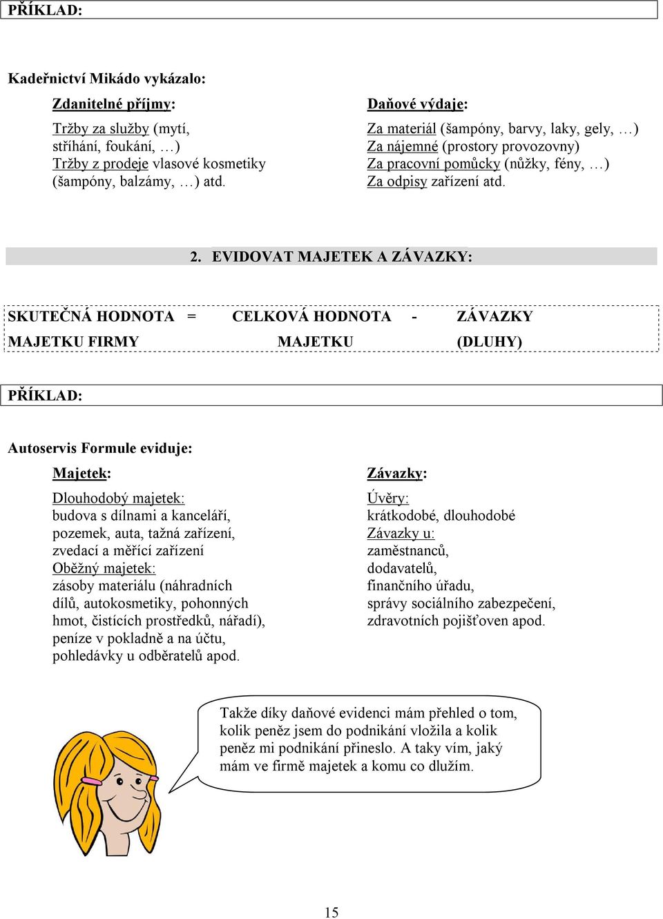 EVIDOVAT MAJETEK A ZÁVAZKY: SKUTEČNÁ HODNOTA = CELKOVÁ HODNOTA - ZÁVAZKY MAJETKU FIRMY MAJETKU (DLUHY) PŘÍKLAD: Autoservis Formule eviduje: Majetek: Závazky: Dlouhodobý majetek: Úvěry: budova s