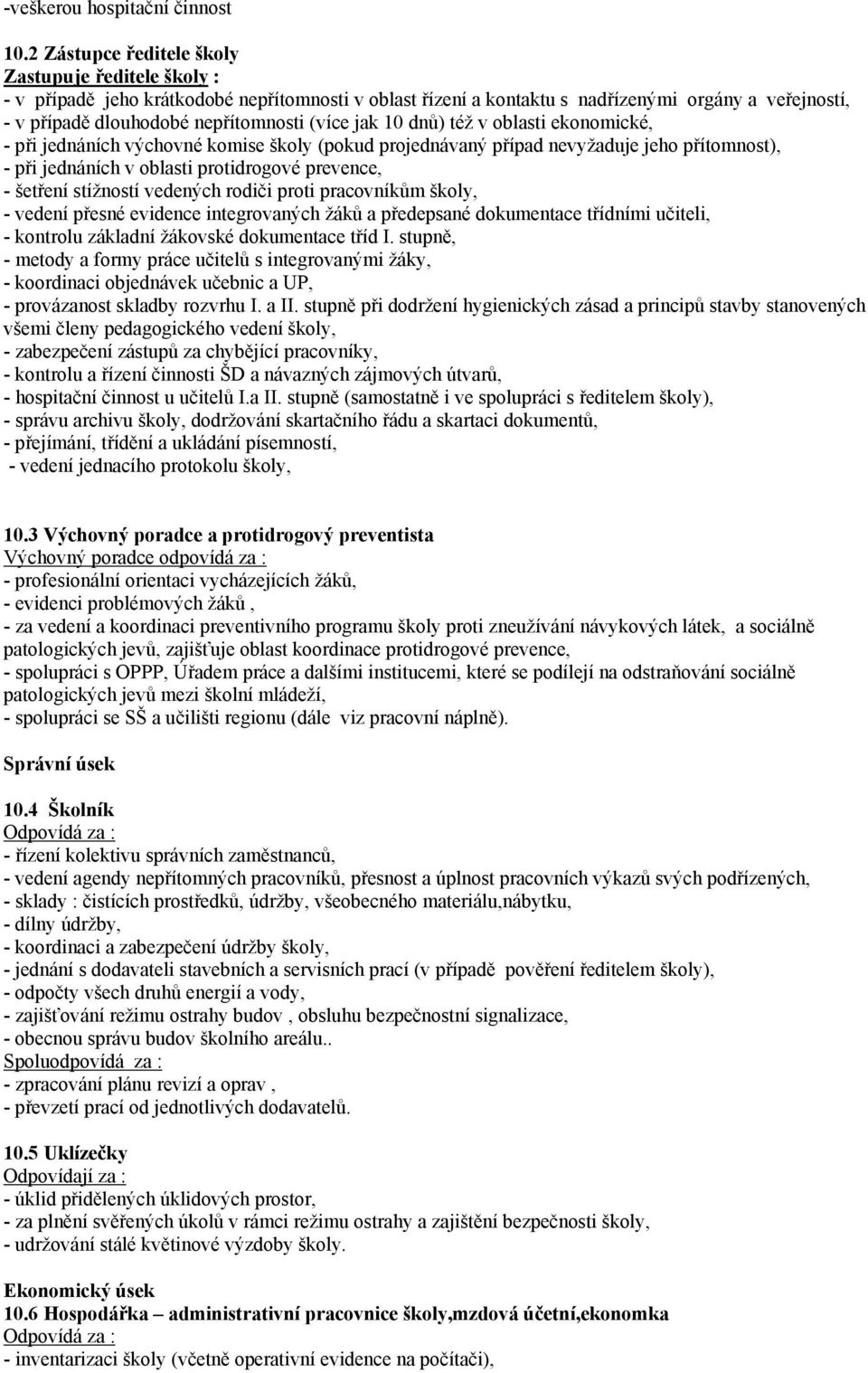 jak 10 dnů) též v oblasti ekonomické, - při jednáních výchovné komise školy (pokud projednávaný případ nevyžaduje jeho přítomnost), - při jednáních v oblasti protidrogové prevence, - šetření