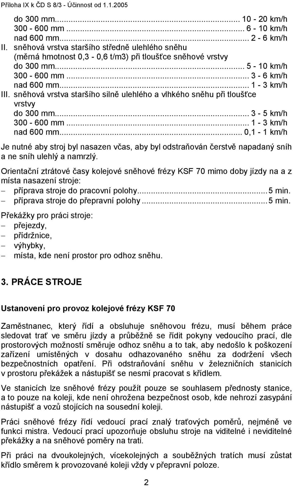 sněhová vrstva staršího silně ulehlého a vlhkého sněhu při tloušťce vrstvy do 300 mm... 3-5 km/h 300-600 mm... 1-3 km/h nad 600 mm.